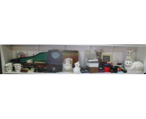 A large mixed lot to include costume jewellery, jewellery boxes, cased violin, stamp albums, Minton Part tea service, Art Nou
