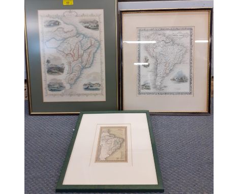 Three framed maps to include a map of Brazil with Guiana and Paraguay, published for the proprietors by M Bull, a map of Sout