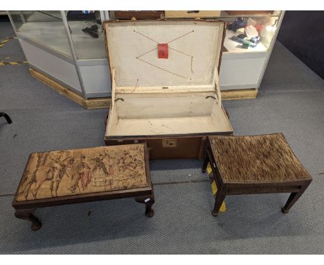 A vintage canvas trunk, together with two stalls to include a tapestry topped example, together with a mixed quantity of anti