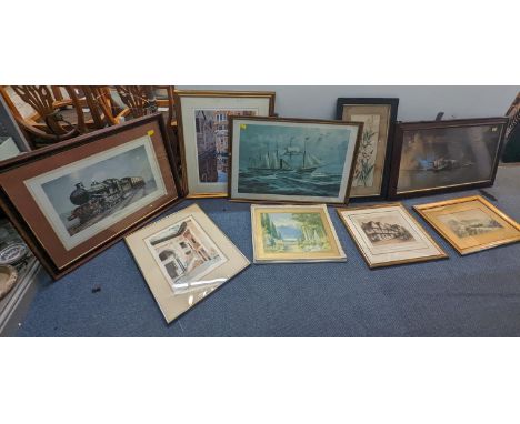 Nine pictures to include M Wood -a Venetian scene, limited edition print, Hadler - a view of a train, watercolours and prints