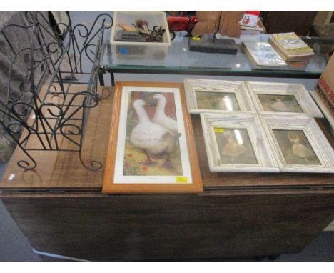 A group of four framed and glazed ballerina prints, 'Coming Home' a print of two geese before a door, and a wrought iron styl