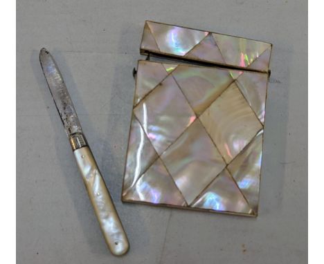 A Victorian mother of pearl clad card case and a silver bladed fruit knife 