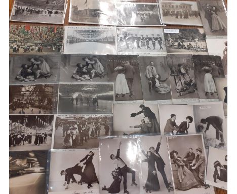 A quantity of mainly early 20th century roller skating novelty postcards, circa 1910, all  in protective sleeves, some franke