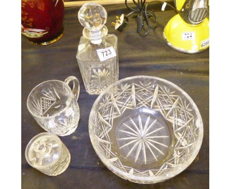 GLASSWARE. Cut glassware including fruit bowl, decanter, preserve pot and mug
