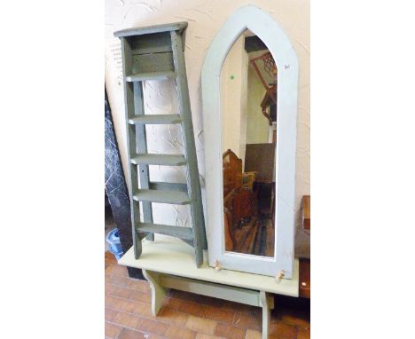 PAINTED FURNITURE. Three pieces of painted furniture, bench, ladder and mirror