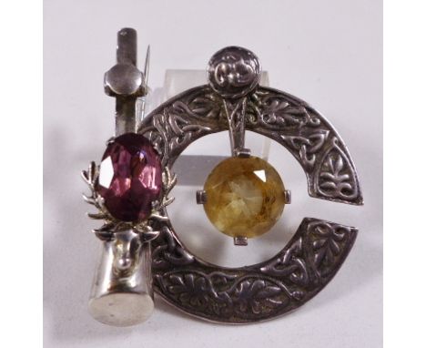 SCOTTISH BROOCHES. Two Scottish silver stone set amethyst and citrine brooches, Glasgow 1950 and Edinburgh