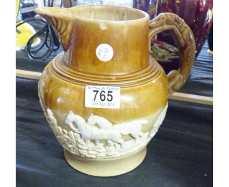 VICTORIAN HUNTING JUG. Victorian stoneware hunting jug with greyhound handle,  H ~ 22cm 