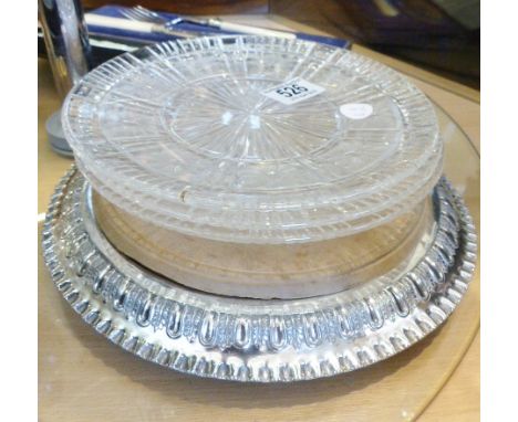 SILVER PLATED BREADBOARD. Three cut glass crystal plates and silver plated breadboard