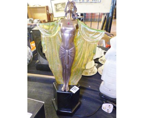 DECO STYLE LAMP. Art deco style figurine lamp with green glass cloak H ~ 48cm