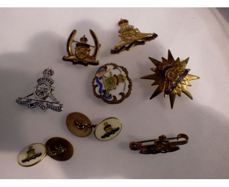 Six Royal Artillery sweetheart badges and a pair of Royal Artillery enamelled cufflinks. UK P&amp;P Group 1 (£16+VAT for the 
