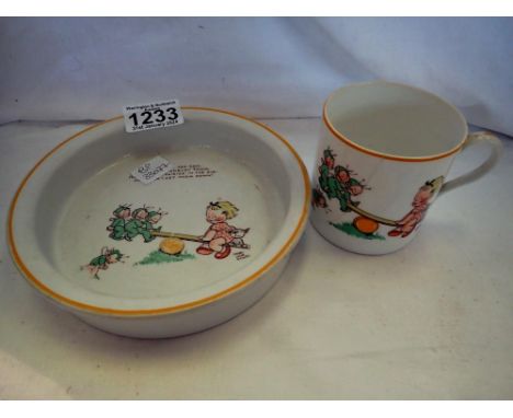 Mabel Lucie Attwell for Shelley cup and bowl, hair line crack down cup. UK P&amp;P Group 2 (£20+VAT for the first lot and £4+