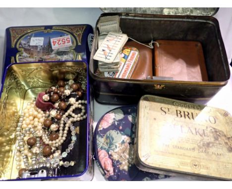 Mixed costume jewellery with vintage tins and cigarette cards. UK P&amp;P Group 1 (£16+VAT for the first lot and £2+VAT for s