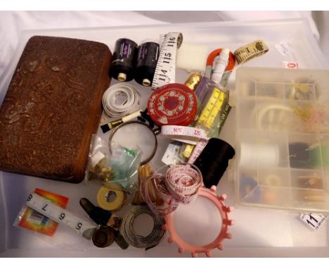Tray of mixed dressmaking materials and a carved box. UK P&amp;P Group 1 (£16+VAT for the first lot and £2+VAT for subsequent