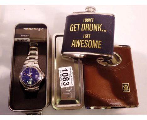 Jeep wristwatch in case, working at lotting and two whisky hip flasks. UK P&amp;P Group 1 (£16+VAT for the first lot and £2+V