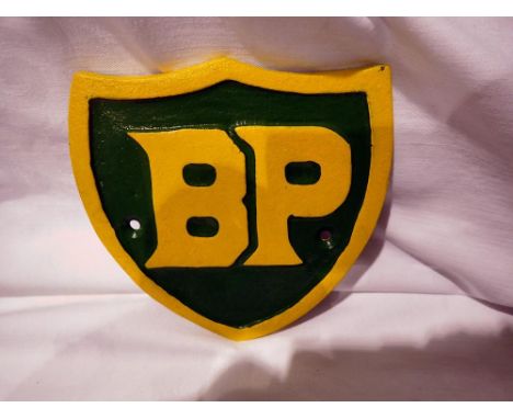 Cast iron BP shield, W: 12 cm. UK P&amp;P Group 1 (£16+VAT for the first lot and £2+VAT for subsequent lots) 