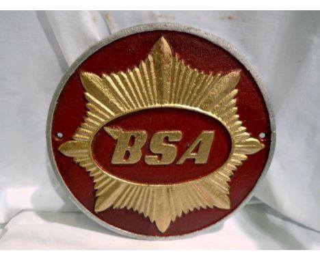 Cast iron BSA circular wall plaque. D: 25 cm. UK P&amp;P Group 1 (£16+VAT for the first lot and £2+VAT for subsequent lots) 