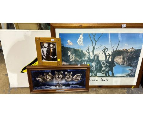 Four mixed pictures and prints including Salvador Dali and a banana signed Andy Warhol. Not available for in-house P&amp;P 