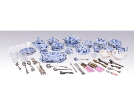 Staffordshire blue and white china Childs Dinner Service, mid 19th century, the flower patterned service with four various si