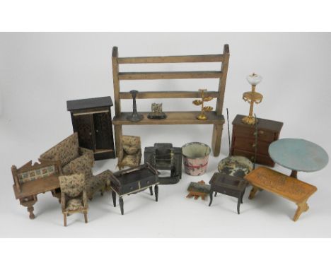 Collection of dolls house furniture and dolls, including Waltershausen rose wood wardrobe with gold decoration and interior m