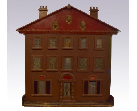 The Scottish dolls house, circa 1890, the painted wood red brick exterior, with façade in three sections with glass fronted d