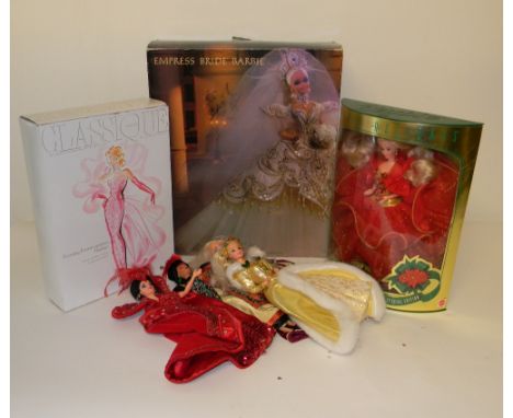 Three boxed Mattel Barbie dolls, 1990s, Empress Bride Barbie by Bob Mackie, Classique Collection Evening Extravagance Barbie,