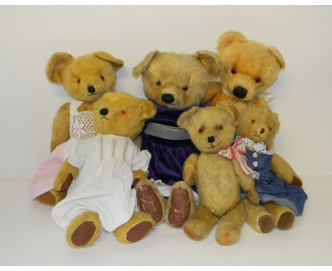 Six golden mohair Teddy bears, English 1950s/60s, including a Chad Valley with orange plastic eyes, black stitched nose and m