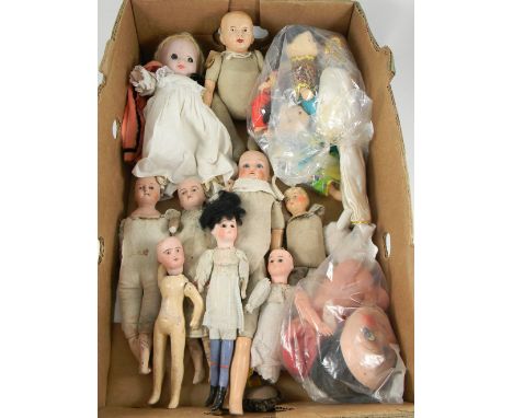 Collection of various dolls and soft toys, including eight bisque head dolls on cloth bodies, three composition dolls, four o