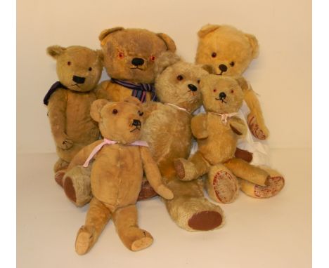 Six golden mohair Teddy bears, English 1950s, including a Chad Valley Magna bear with orange glass eyes, black stitched nose,