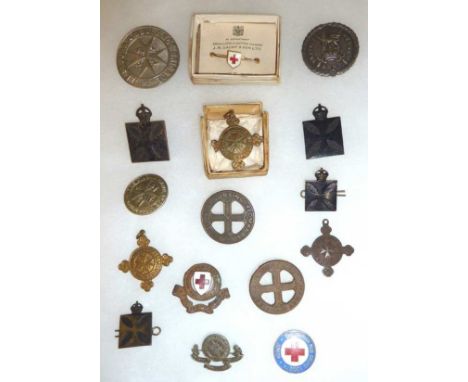 16 cap lapel and brooch badges for St John's Ambulance, The British Red Cross, First Aid Nursing Yeomanry and Trained Army Nu