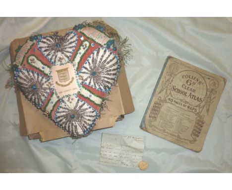 WWI sweetheart embroidered cushion for the Army Ordnance Corp with bead work and scrap work detail with central regimental cr