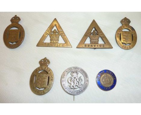 Selection of on war service lapel badges inc enamel 1914, 2 1916 triangular on war service badges, 3 1915 badges and For King