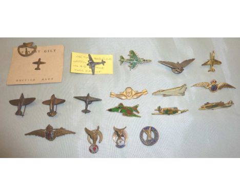 Selection of various enamel RAF lapel badges, RAF sweetheart badges, plane badges and a selection of miniature war period pla