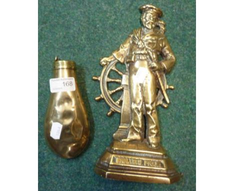 Brass door stop in the form of a sailor and a brass shop flask (lacking spout) (2)