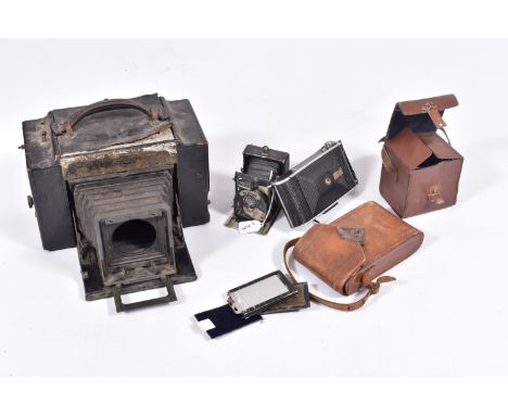 A NEWMAN AND GUARDIA BABY SYBIL FOLDING CAMERA ( rear panel missing), a Graflex 3A folding box camera ( no shutter and lens a