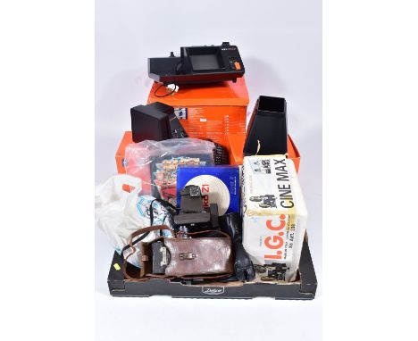 A TRAY CONTAINING CAMERA AND CINE EQUIPMENT including a Polaroid Polarvision cine camera, a Colour Swinger, a Kodak No2A fold