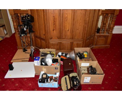 SIX TRAYS CONTAINING PHOTOGRAPHIC EQUIPMENT  including a Jobo c6600 Colour Enlarger, various lenses by Wray, Schneider/Kreuzn