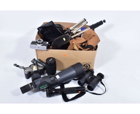 A TRAY CONTAINING CAMERA AND OPTICAL EQUIPMENT including a Nikon F65 film SLR with a 28-80mm f3.5 and a 79-300mm f4.5 lenses,