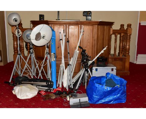 A QUANTITY OF TRIPODS AND LIGHTING STANDS including a Heiwa Professional , two Photax 9in Reflectors on stands, a Leica Leath