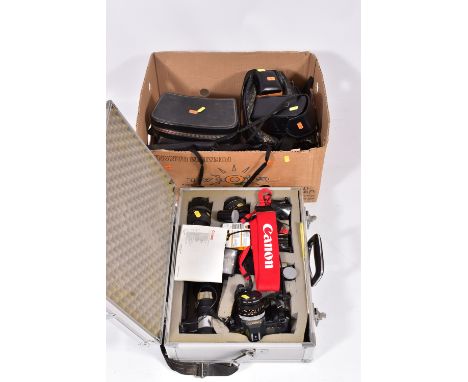 A TRAY AND AN ALUMINIUM CAMERA CASE CONTAINING CAMERAS AND CAMERA EQUIPMENT including a Pentax ME Super fitted with a SMC 50m