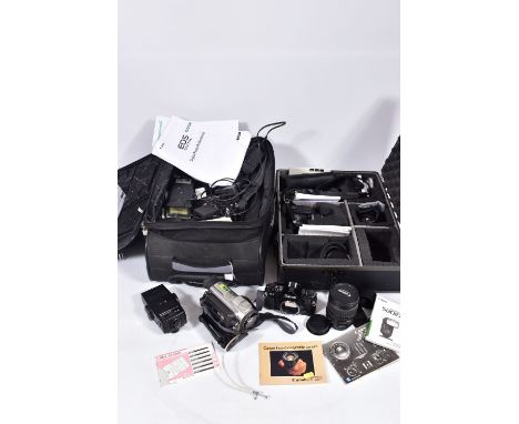 AN ALUMINIUM CASE AND A SUITCASE CONTAINING CAMERA EQUIPMENT including a Canon A-1 Film SLR body , a Canon EOS 350D digital S