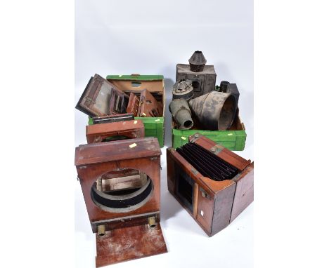 TWO TRAYS AND LOOSE CONTAINING COPY CAMERAS, FIELD AND  MAGIC LANTERN PARTS including tin plate chimney, field camera plate w