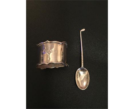 Silver spoon shaped like golf club and napkin ring