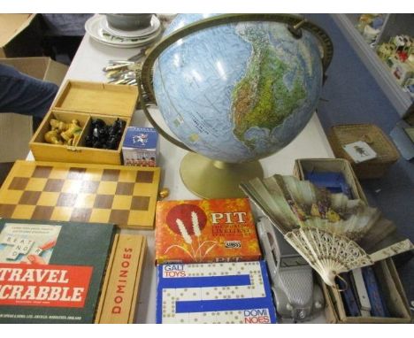 A retro Danish globe, together with mixed vintage games, an xylophone, a chess set and a fan 