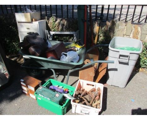 A mixed lot of mainly tools and accessories to include work bench, drill pieces, wood working tools, a wheel barrow and other