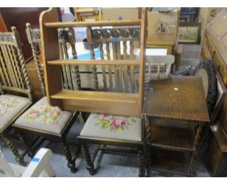 A 1930s oak three tier occasional table, 27" h x 18" w and a pine three tier shelf, 31" h, 25" w 