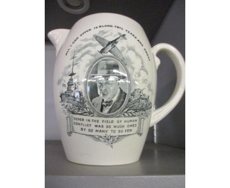 A Copeland Spode commemorative, white glazed jug with a Churchill portrait, stamped USA design patent, 130618 