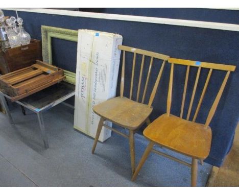 A modern chrome and glass square occasional table, together with an artist's easel, a Victorian picture frame, two Ercol ligh