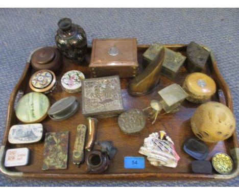 A Japanese bronze box in the shape of a fan, mixed boxes to include pill boxes, a small cloisonne vase and other items, toget