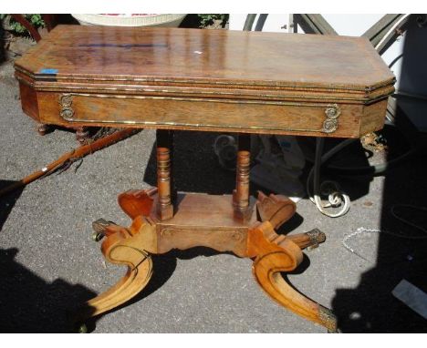 A Regency rosewood, fold over card table having boxwood and brass inlay, 30" h x 36" 