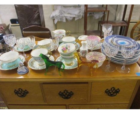 Vintage tea cups, saucers and plates to include two Copeland saucers, together with a small amount of glassware 